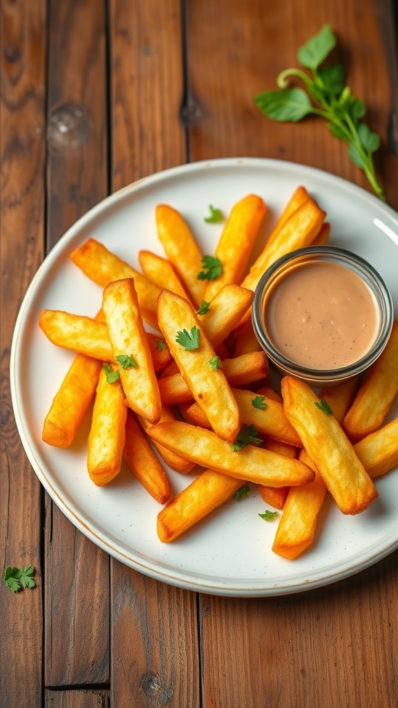 Crispy air fryer fries served on a plate with herbs and dipping sauce.